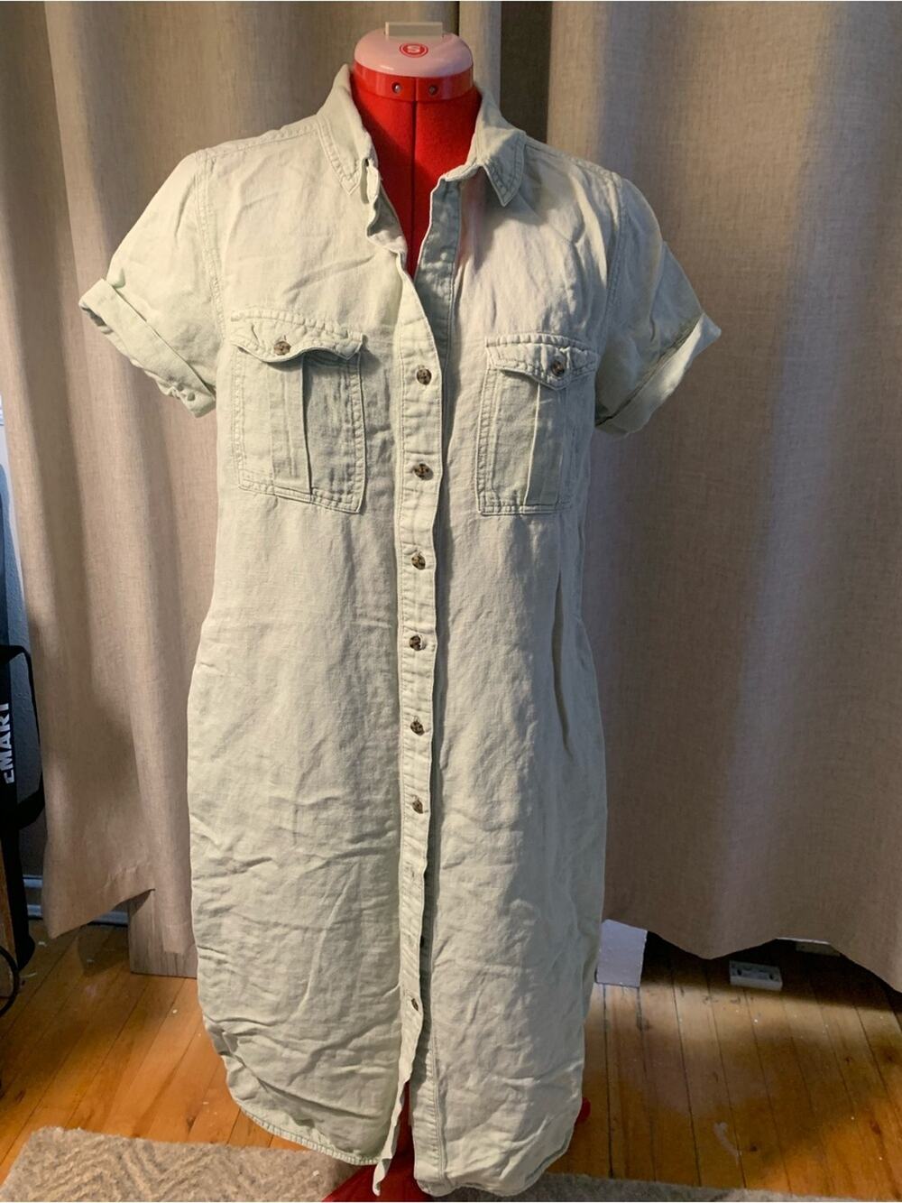 Lucky Brand Light Sage Green Button-Front Midi Shirt Dress